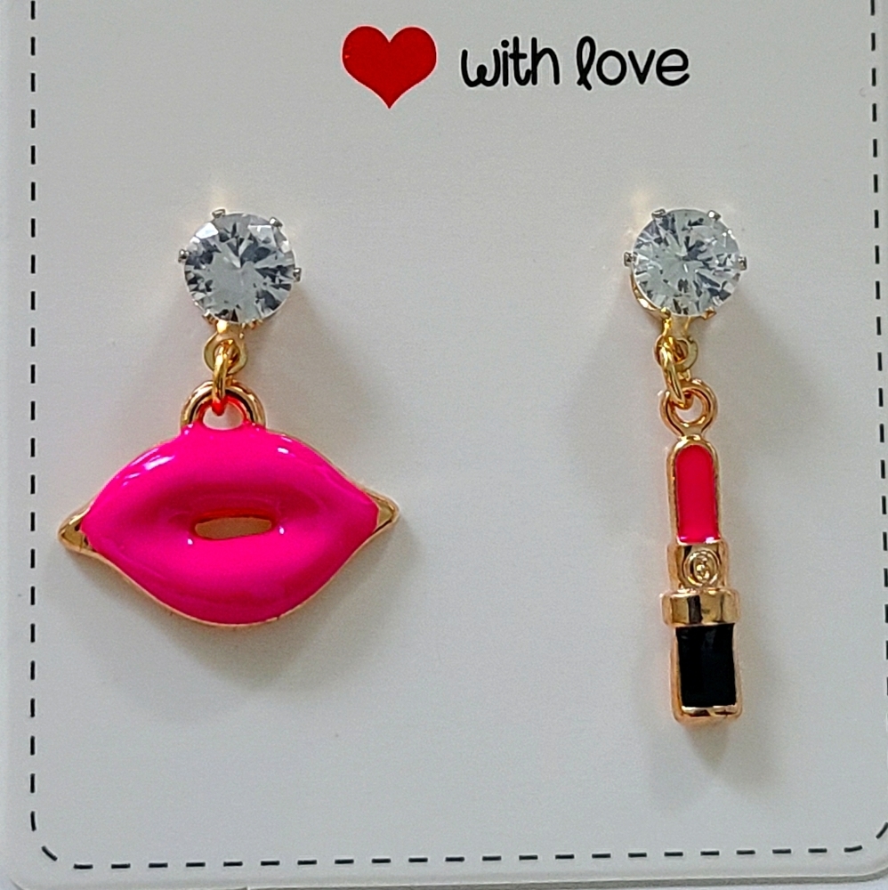Lipstick earrings lips kiss makeup mom rhinestone